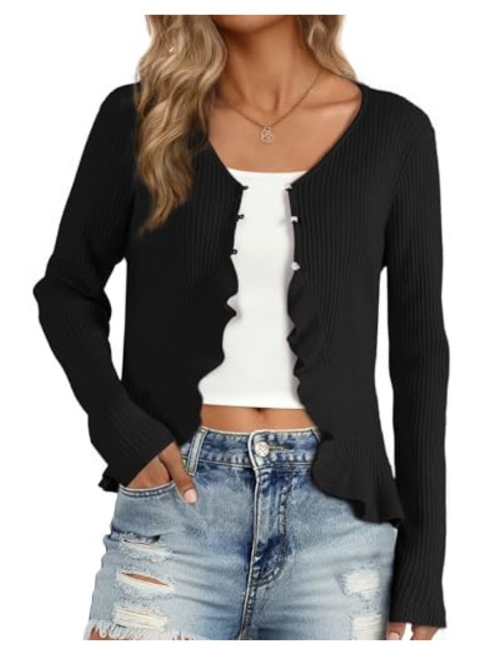 Ruffle Long Sleeve Cardigan Open Front Bolero Shrugs V-Neck Button Knit